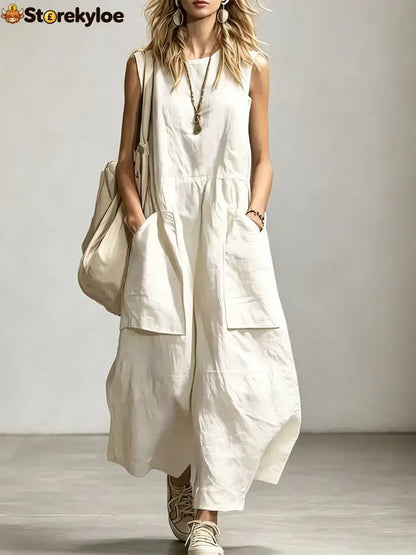 Women’s Sleeveless Round Neck Wide-leg Jumpsuit - White / S