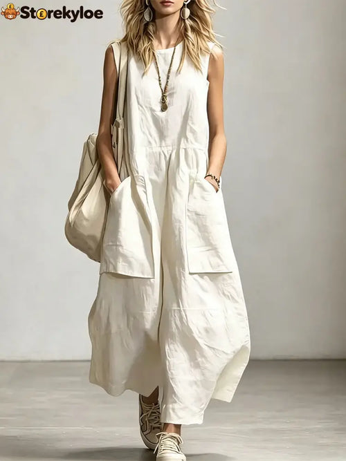 Women’s Sleeveless Round Neck Wide-leg Jumpsuit - White / S