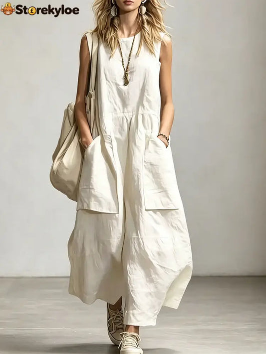 Women’s Sleeveless Round Neck Wide-leg Jumpsuit - White / S