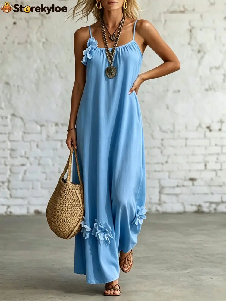 Women’s Sleeveless Straps Loose-fit Casual Dress - Blue / S