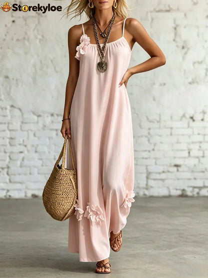 Women’s Sleeveless Straps Loose-fit Casual Dress - Pink / S