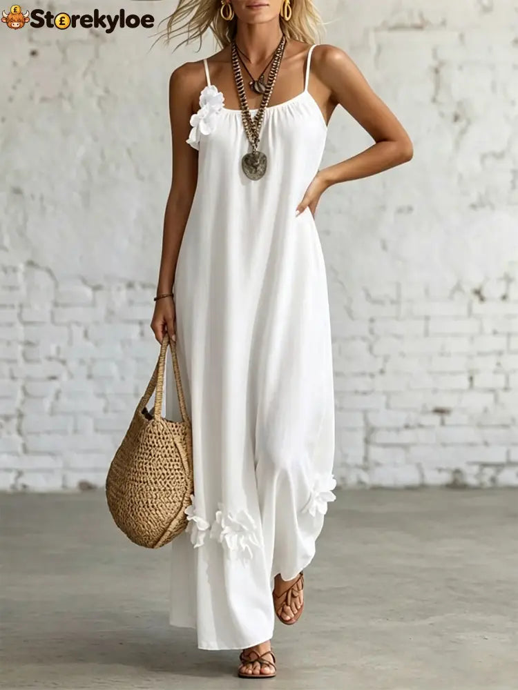 Women’s Sleeveless Straps Loose-fit Casual Dress - White / S