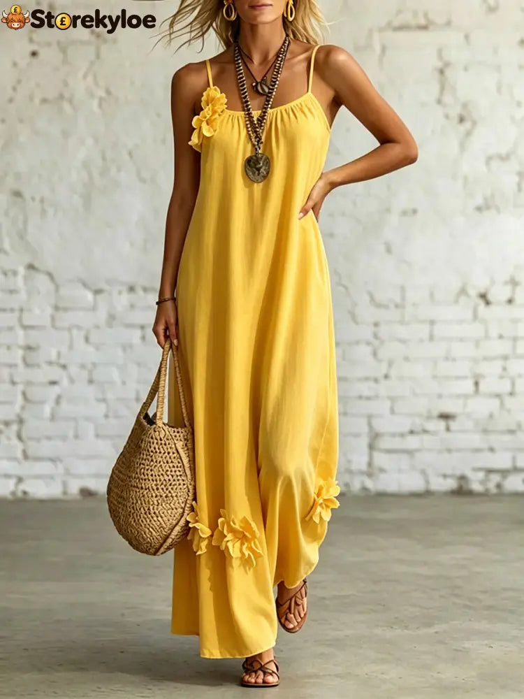 Women’s Sleeveless Straps Loose-fit Casual Dress - Yellow / S