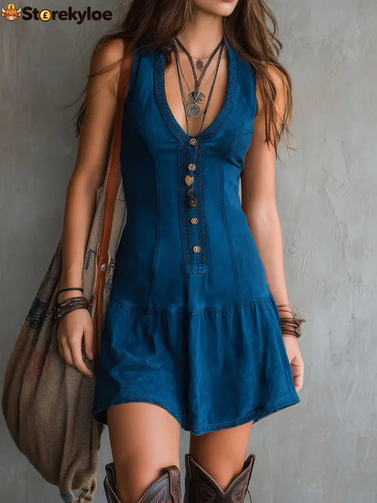 Women’s Sleeveless U-neck Button Embellishments Dress - Blue / S