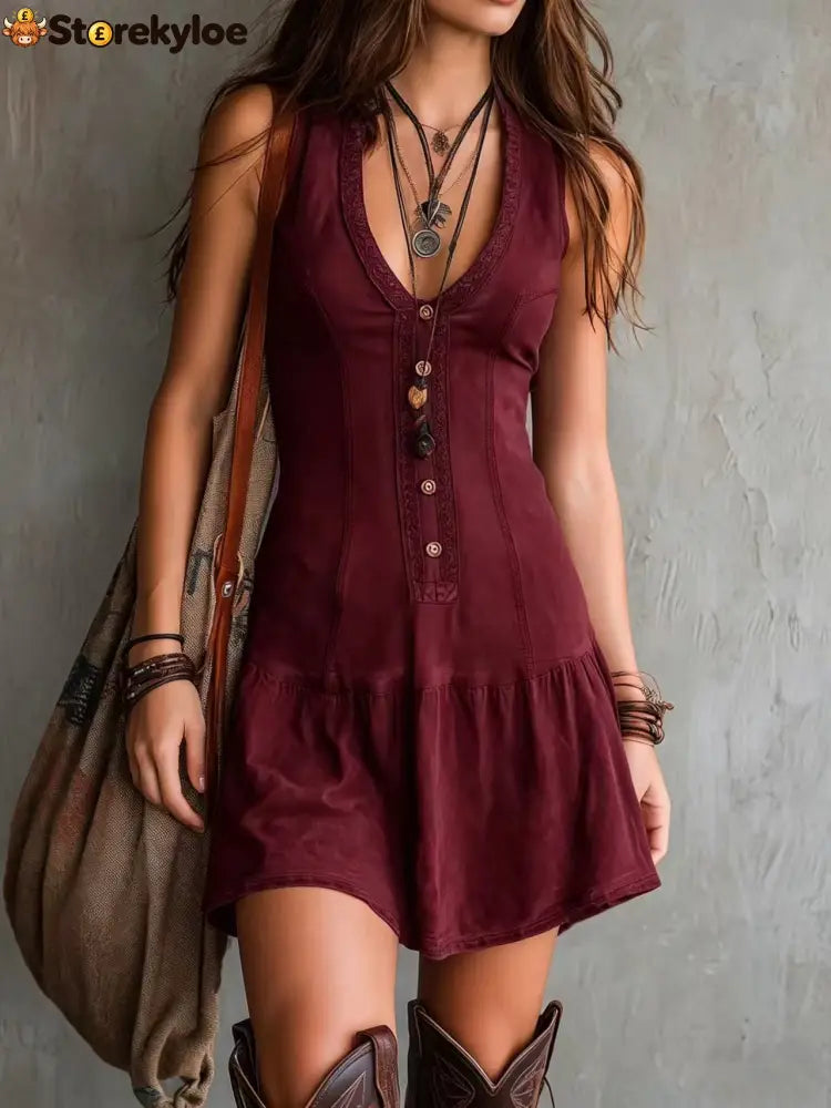 Women’s Sleeveless U-neck Button Embellishments Dress - Burgundy / S