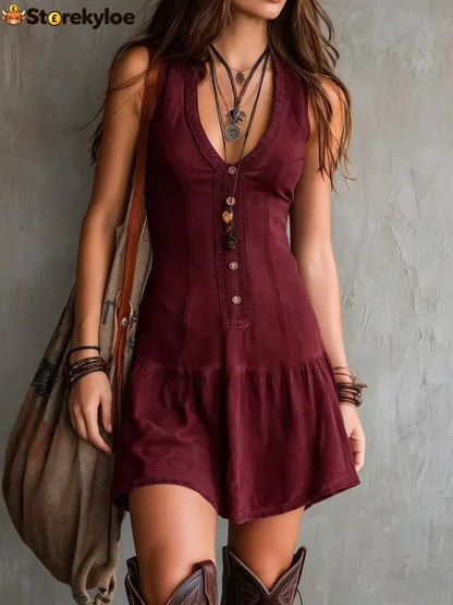 Women’s Sleeveless U-neck Button Embellishments Dress - Burgundy / S