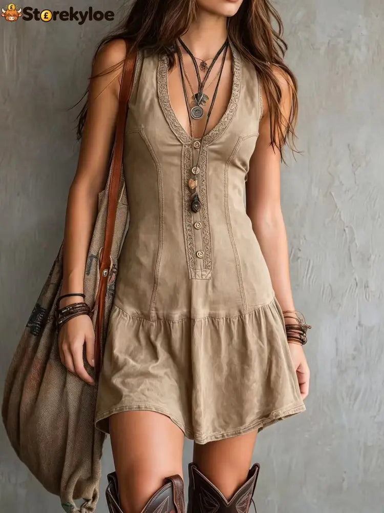 Women’s Sleeveless U-neck Button Embellishments Dress - Khaki / S
