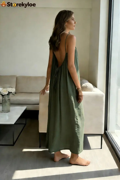 Women’s Solid Color Backless Cami Dress - Dark Green / S (100 – 125 lbs)