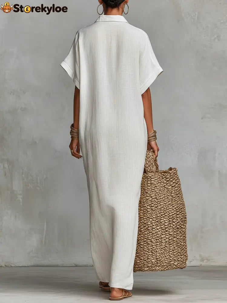 Women’s Solid Color Collared Short-sleeved Casual Loose Linen Dress