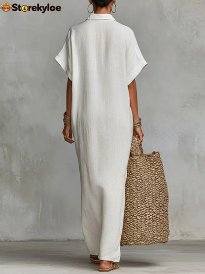 Women’s Solid Color Collared Short-sleeved Casual Loose Linen Dress