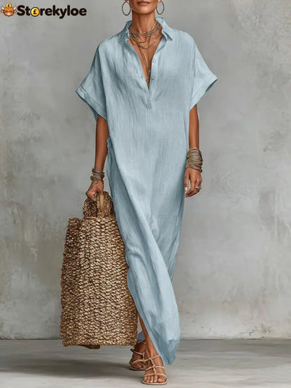 Women’s Solid Color Collared Short-sleeved Casual Loose Linen Dress - Blue / S