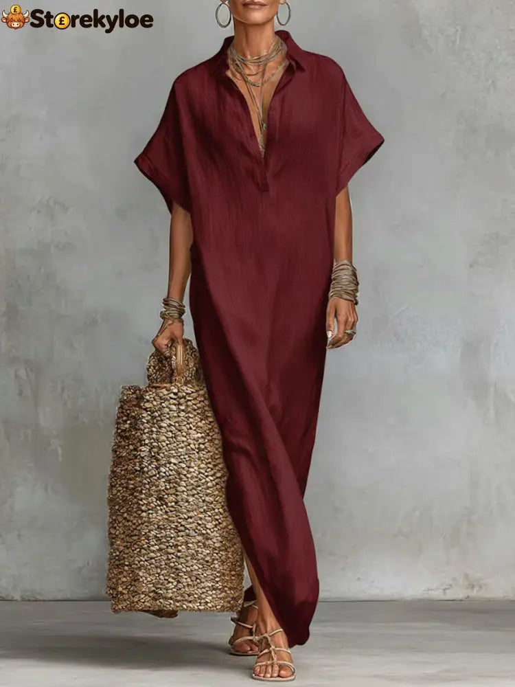 Women’s Solid Color Collared Short-sleeved Casual Loose Linen Dress - Burgundy / S