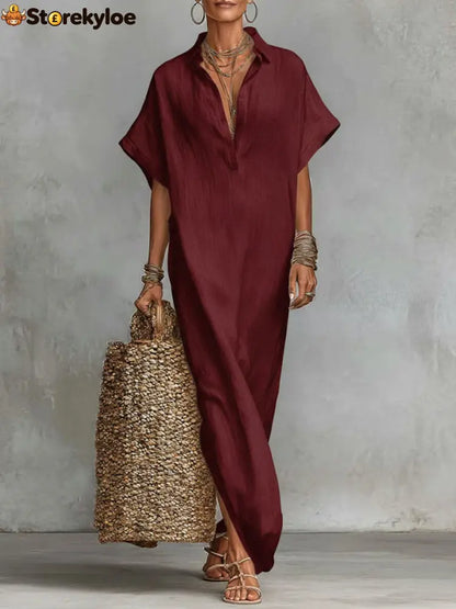Women’s Solid Color Collared Short-sleeved Casual Loose Linen Dress - Burgundy / S