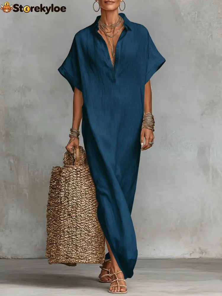 Women’s Solid Color Collared Short-sleeved Casual Loose Linen Dress - Navy Blue / S