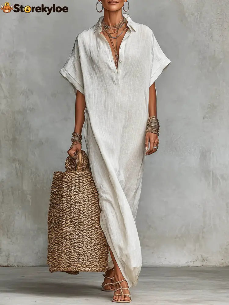 Women’s Solid Color Collared Short-sleeved Casual Loose Linen Dress - White / S
