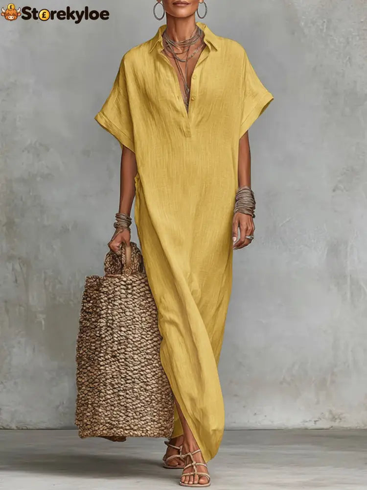 Women’s Solid Color Collared Short-sleeved Casual Loose Linen Dress - Yellow / S