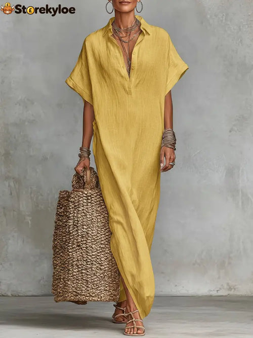 Women’s Solid Color Collared Short-sleeved Casual Loose Linen Dress - Yellow / S