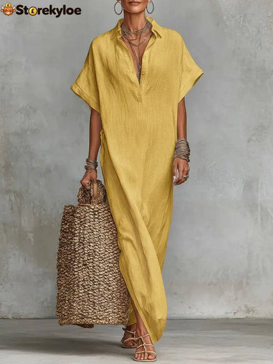 Women’s Solid Color Collared Short-sleeved Casual Loose Linen Dress - Yellow / S