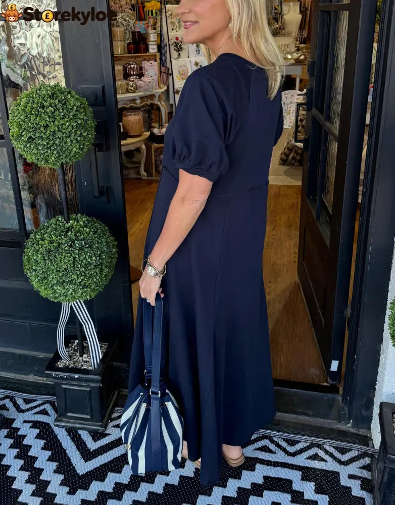 🔥Women’s Solid Color Puff Sleeve Round Neck Long Dress（Buy 2 Free Shipping）
