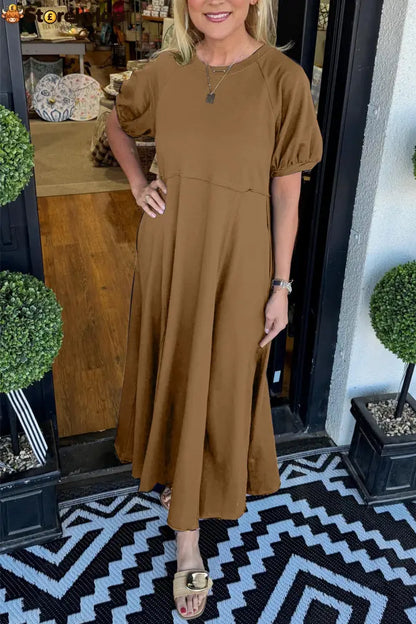🔥Women’s Solid Color Puff Sleeve Round Neck Long Dress（Buy 2 Free Shipping）