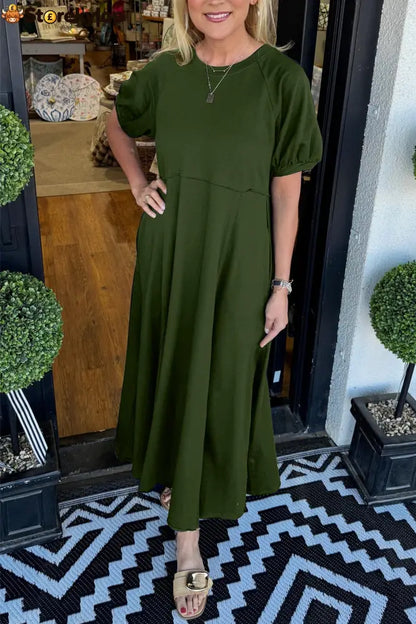 🔥Women’s Solid Color Puff Sleeve Round Neck Long Dress（Buy 2 Free Shipping） - Army green / S