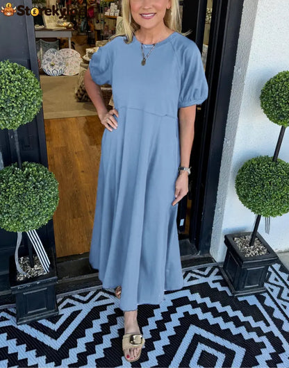 🔥Women’s Solid Color Puff Sleeve Round Neck Long Dress（Buy 2 Free Shipping） - Blue / S