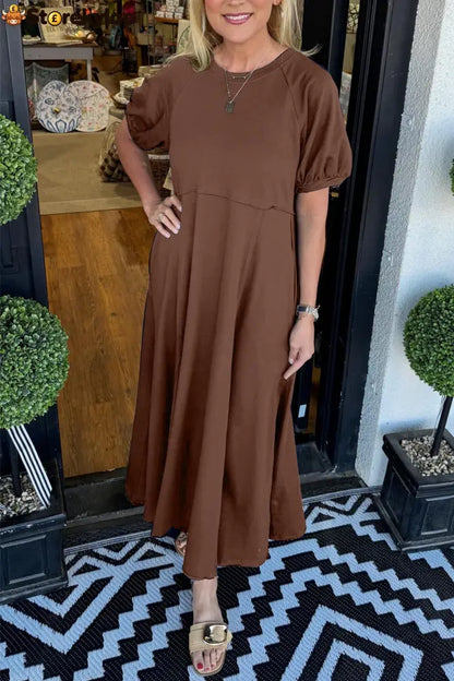 🔥Women’s Solid Color Puff Sleeve Round Neck Long Dress（Buy 2 Free Shipping） - Brown / S