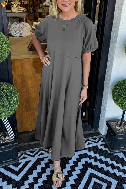 🔥Women’s Solid Color Puff Sleeve Round Neck Long Dress（Buy 2 Free Shipping） - Grey / S