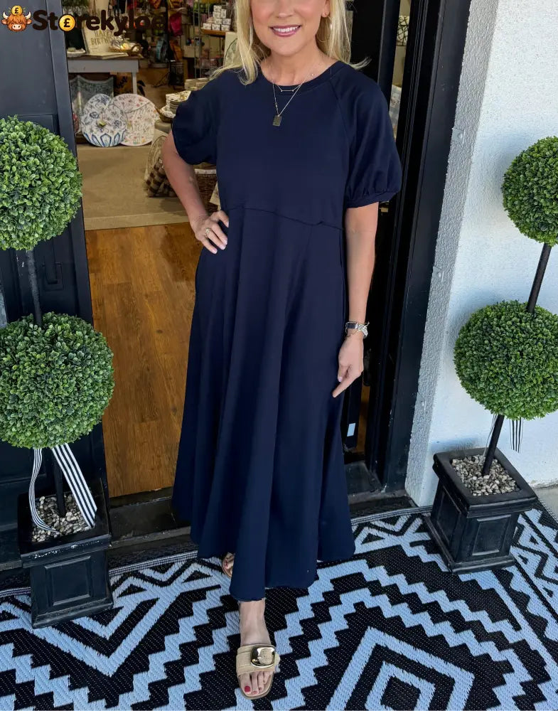 🔥Women’s Solid Color Puff Sleeve Round Neck Long Dress（Buy 2 Free Shipping） - Navy / S