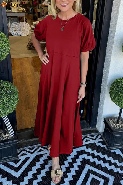 🔥Women’s Solid Color Puff Sleeve Round Neck Long Dress（Buy 2 Free Shipping） - Wine red / S