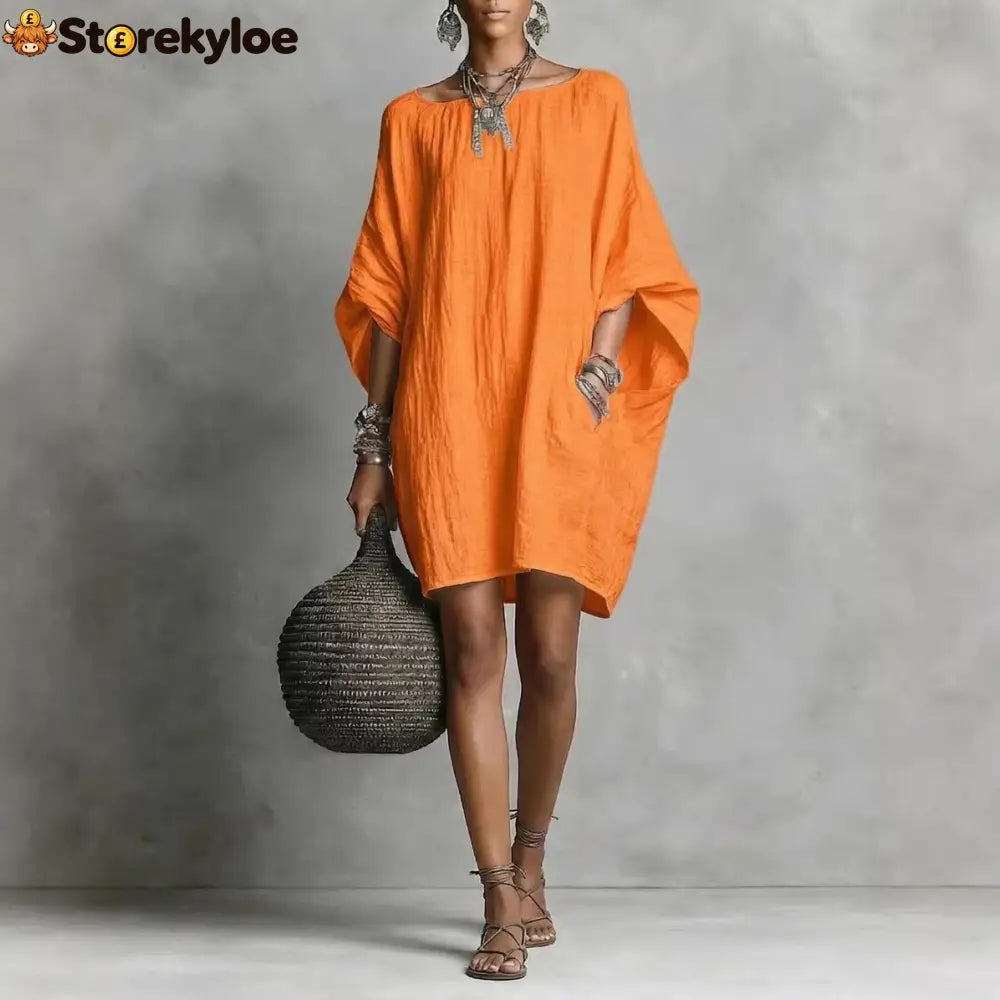 Women’s Solid-color round-neck 3/4-sleeve Casual Loose Cotton-linen Dress