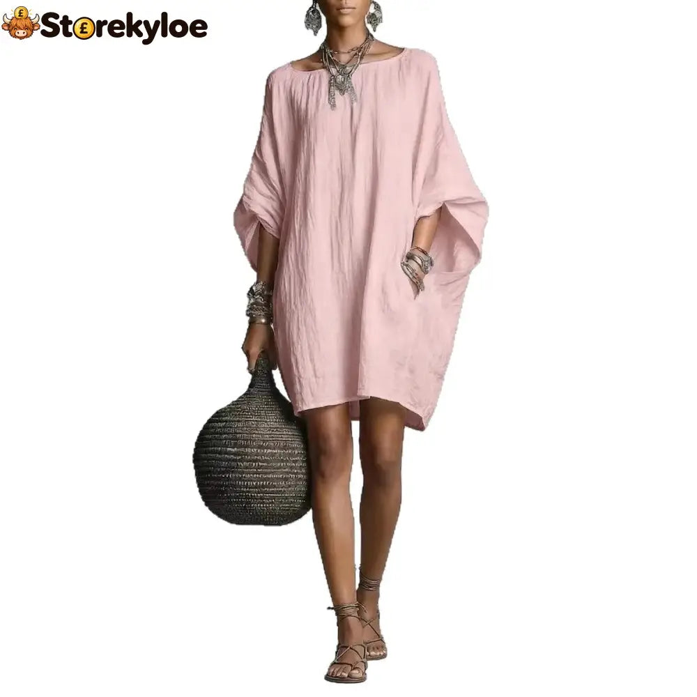Women’s Solid-color round-neck 3/4-sleeve Casual Loose Cotton-linen Dress