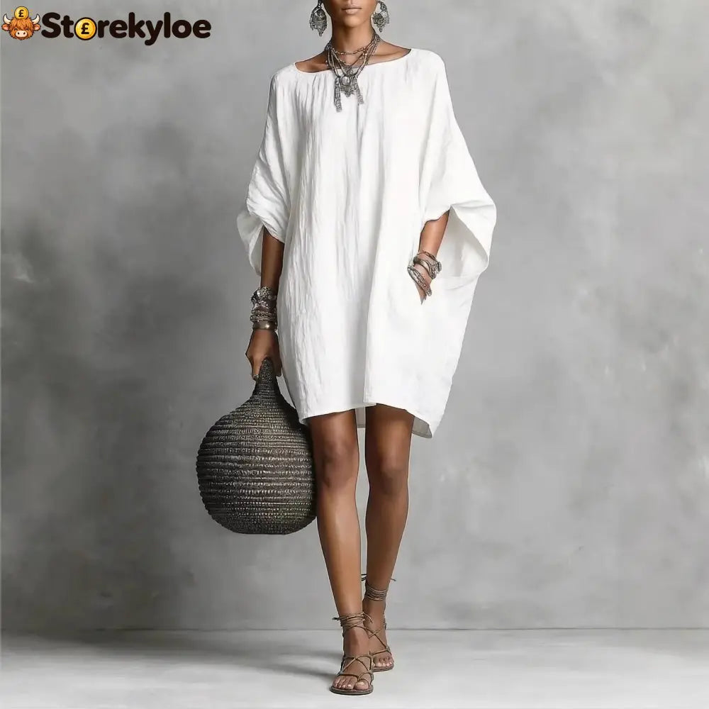 Women’s Solid-color round-neck 3/4-sleeve Casual Loose Cotton-linen Dress