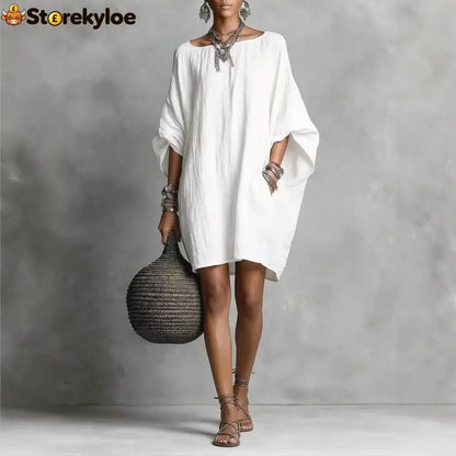 Women’s Solid-color round-neck 3/4-sleeve Casual Loose Cotton-linen Dress