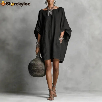 Women’s Solid-color round-neck 3/4-sleeve Casual Loose Cotton-linen Dress