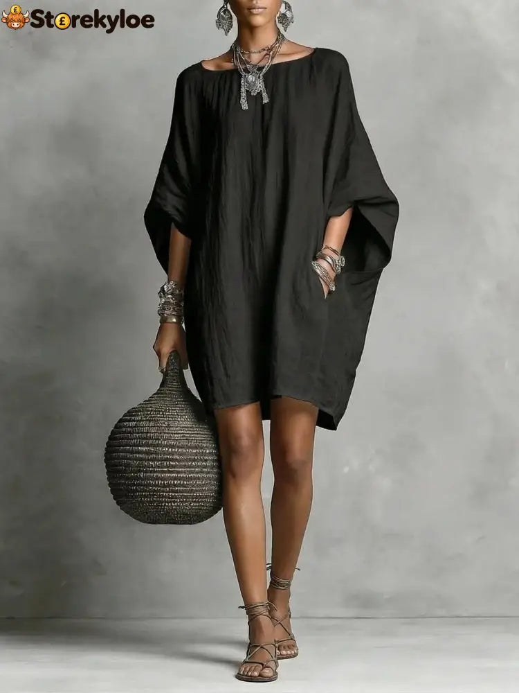 Women’s Solid-color round-neck 3/4-sleeve Casual Loose Cotton-linen Dress - Black / S