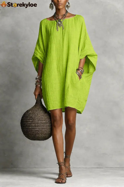 Women’s Solid-color round-neck 3/4-sleeve Casual Loose Cotton-linen Dress - Green / S