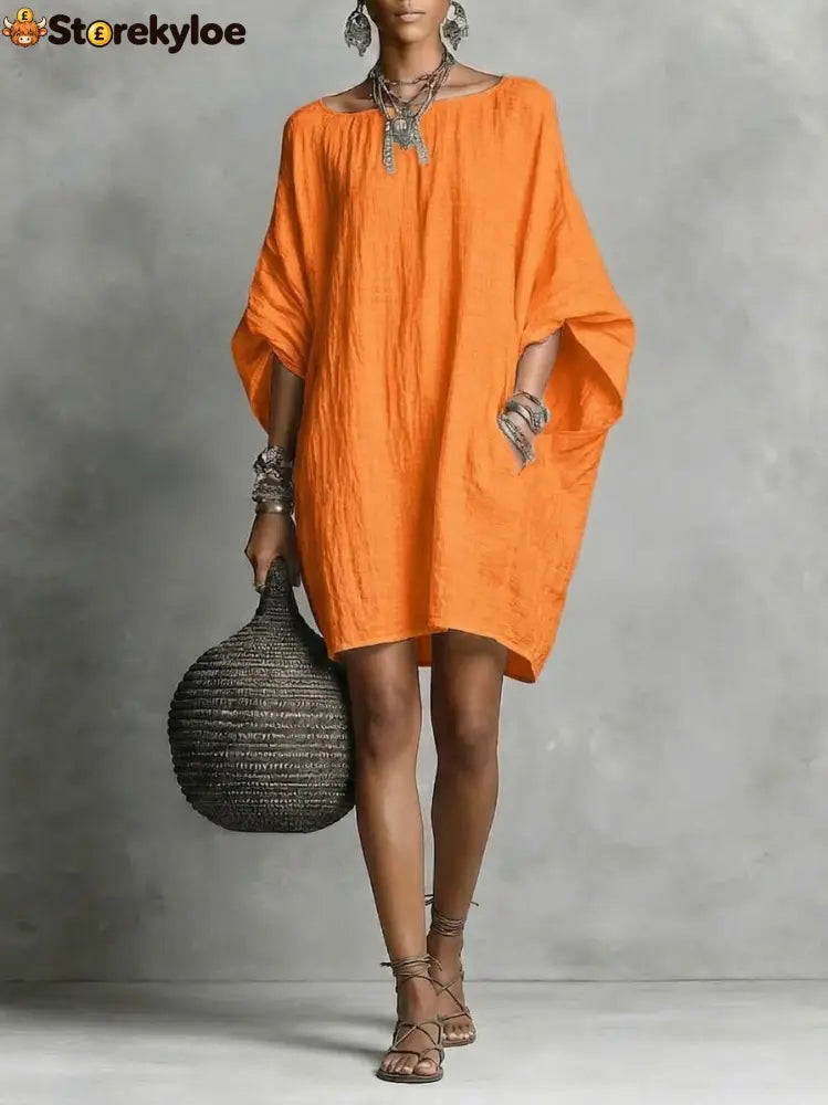 Women’s Solid-color round-neck 3/4-sleeve Casual Loose Cotton-linen Dress - Orange / S