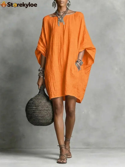 Women’s Solid-color round-neck 3/4-sleeve Casual Loose Cotton-linen Dress - Orange / S