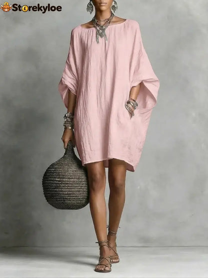 Women’s Solid-color round-neck 3/4-sleeve Casual Loose Cotton-linen Dress - Pink / S