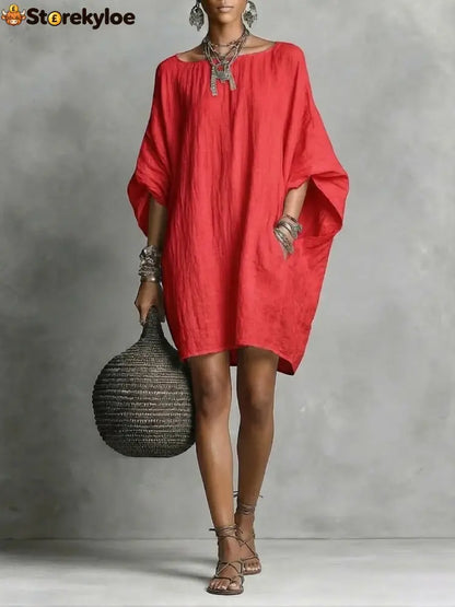 Women’s Solid-color round-neck 3/4-sleeve Casual Loose Cotton-linen Dress - Red / S