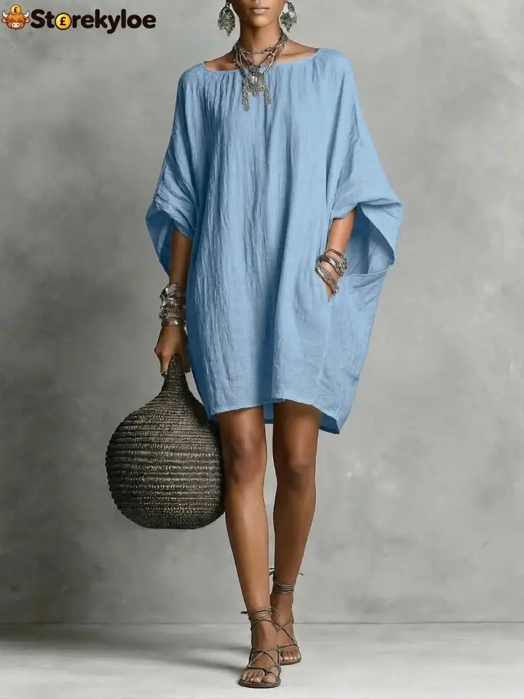Women’s Solid-color round-neck 3/4-sleeve Casual Loose Cotton-linen Dress - Sky blue / S