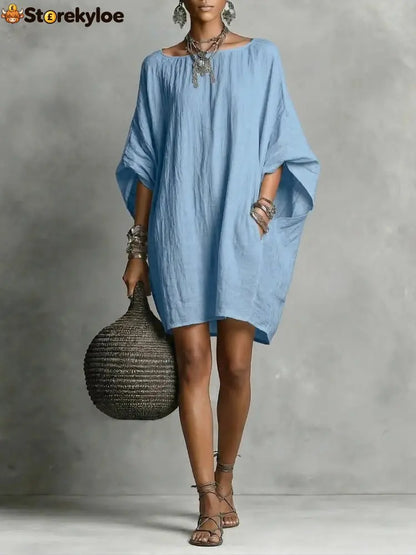 Women’s Solid-color round-neck 3/4-sleeve Casual Loose Cotton-linen Dress - Sky blue / S