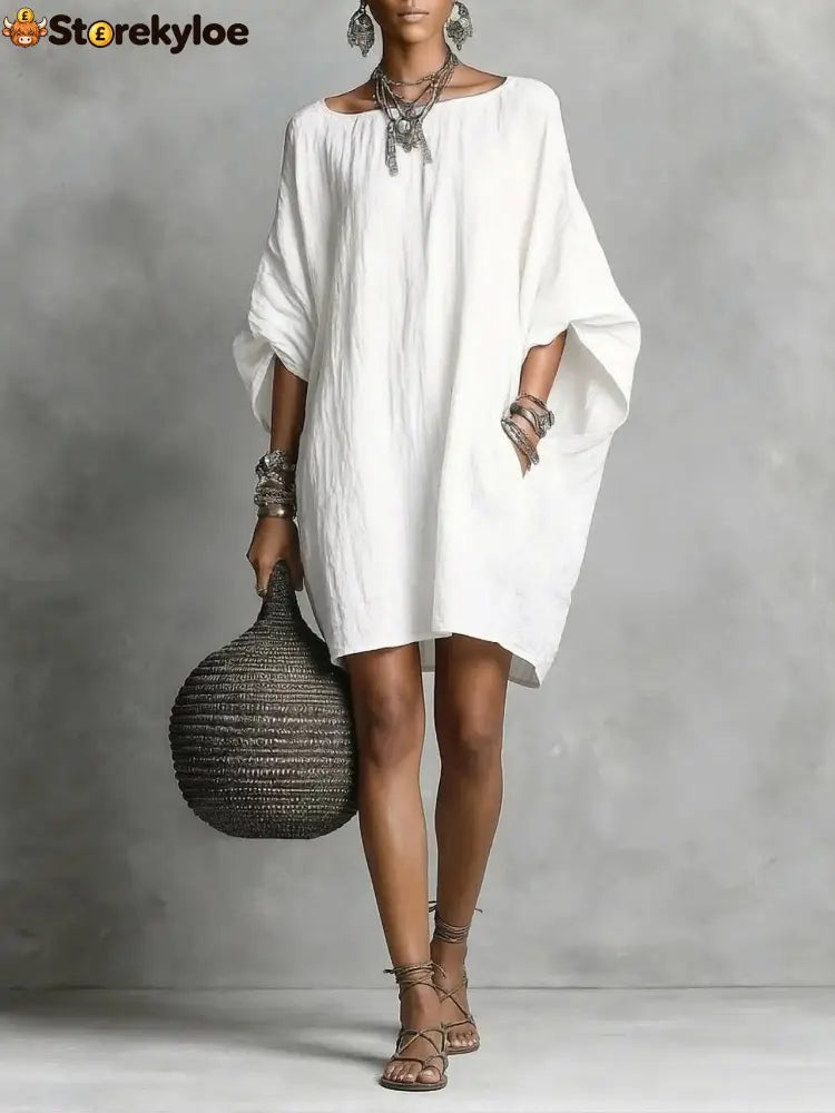 Women’s Solid-color round-neck 3/4-sleeve Casual Loose Cotton-linen Dress - White / S