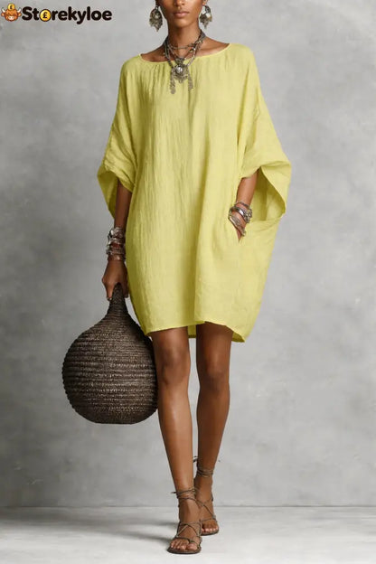 Women’s Solid-color round-neck 3/4-sleeve Casual Loose Cotton-linen Dress - Yellow / S