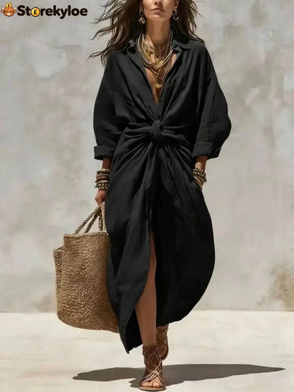 Women’S Solid Color Shirt Collar Single-Breasted Pocket Cardigan Long-Sleeved Casual Dress - Black / XS - Dresses