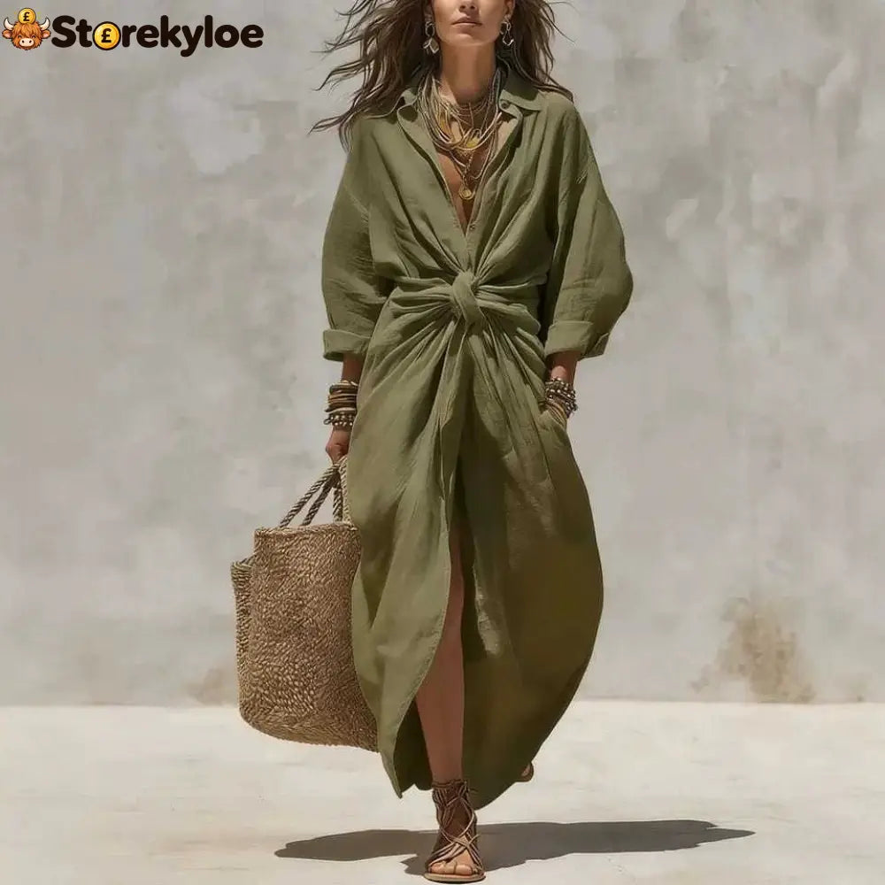 Women’S Solid Color Shirt Collar Single-Breasted Pocket Cardigan Long-Sleeved Casual Dress - Dresses