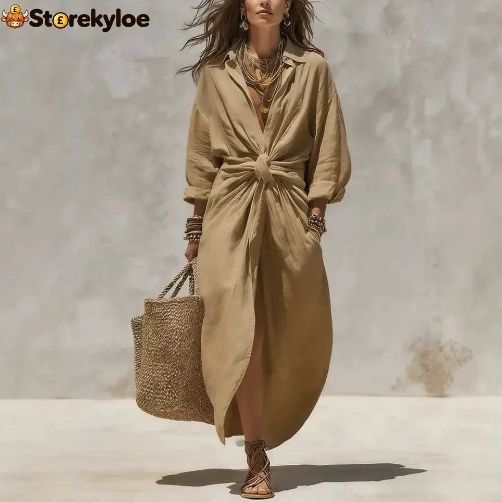 Women’S Solid Color Shirt Collar Single-Breasted Pocket Cardigan Long-Sleeved Casual Dress - Dresses