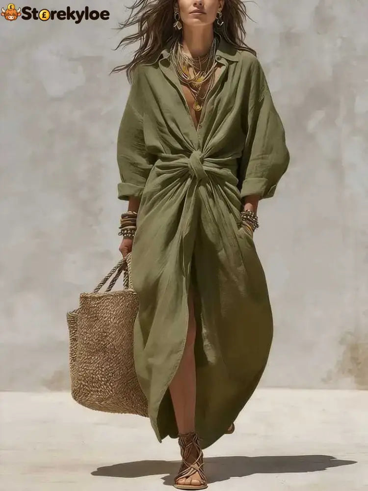Women’S Solid Color Shirt Collar Single-Breasted Pocket Cardigan Long-Sleeved Casual Dress - Green / XS - Dresses