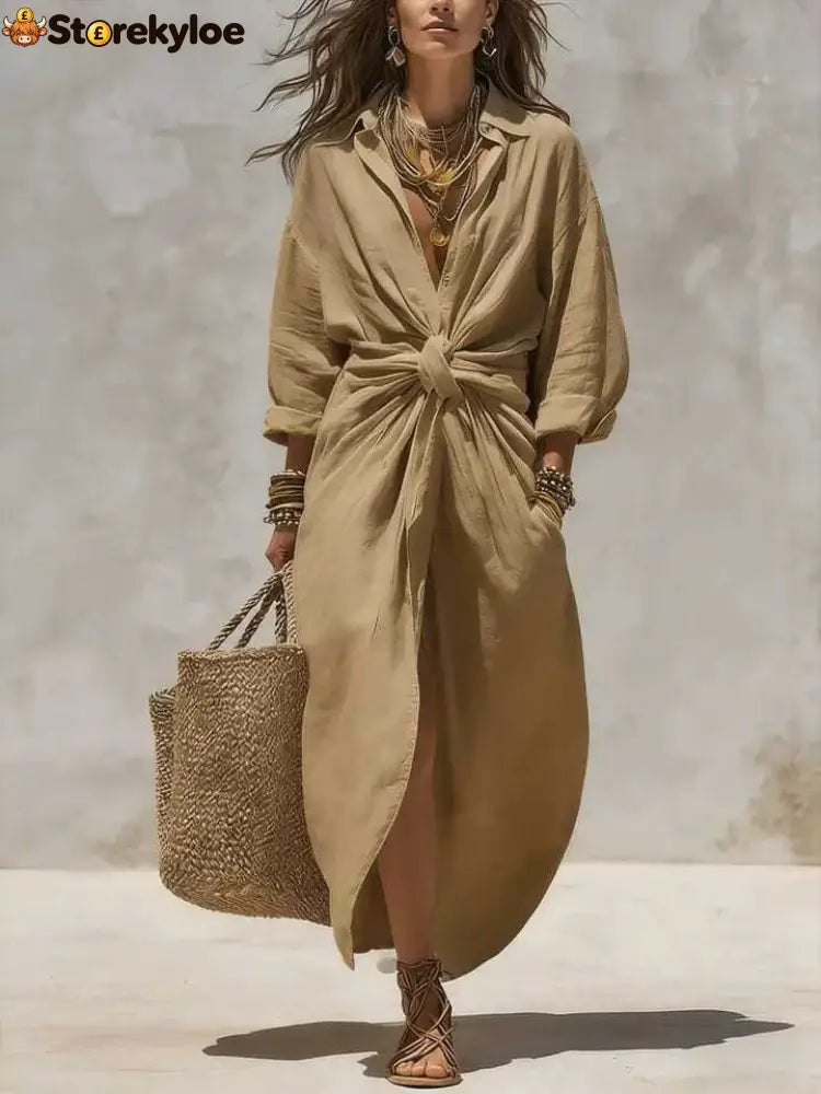 Women’S Solid Color Shirt Collar Single-Breasted Pocket Cardigan Long-Sleeved Casual Dress - Khaki / XS - Dresses